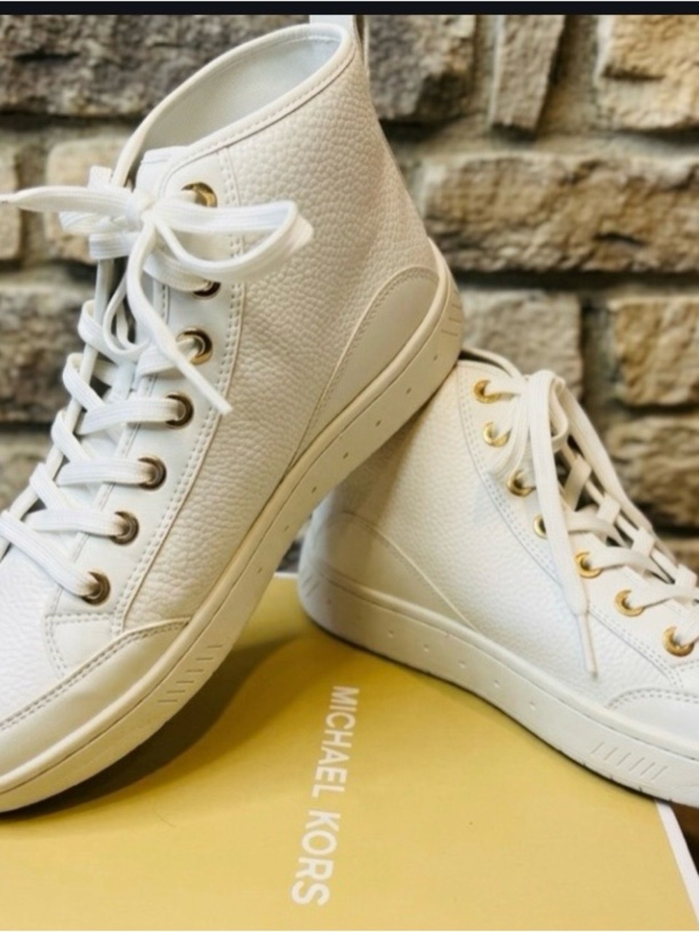 Michael Kors White Leather High-Top Sneakers with Gold Eyelets